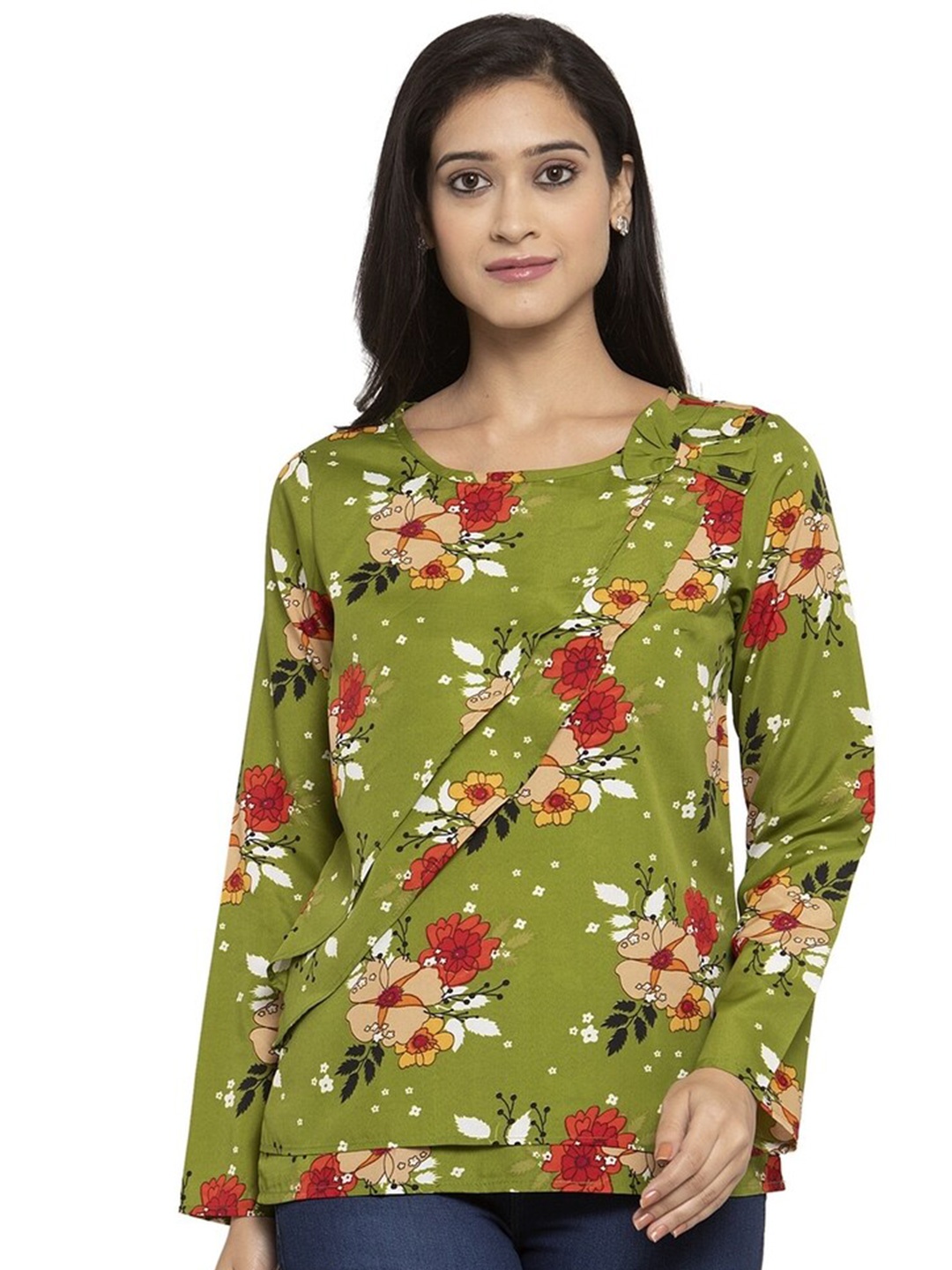 

Karmic Vision Floral Printed Round Neck Top, Green