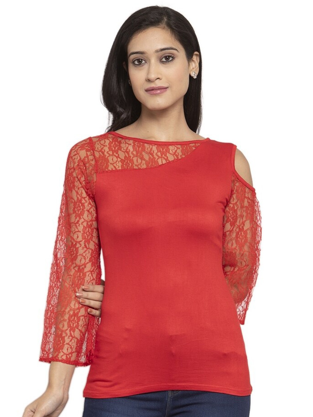 

Karmic Vision Cold-Shoulder Crepe Regular Top, Red