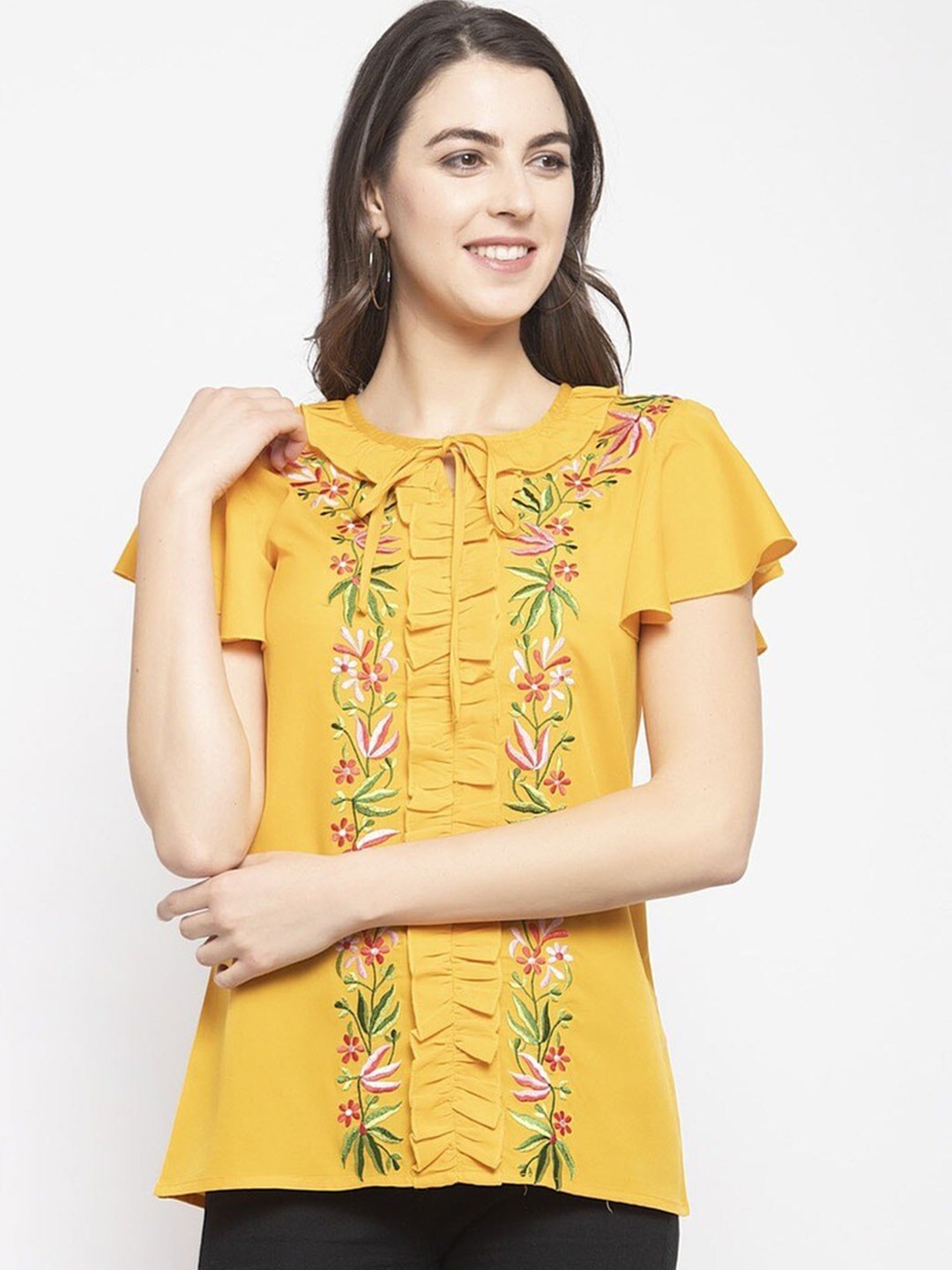 

Karmic Vision Floral Embroidered Tie-Up Neck Flutter Sleeve Crepe Top, Mustard