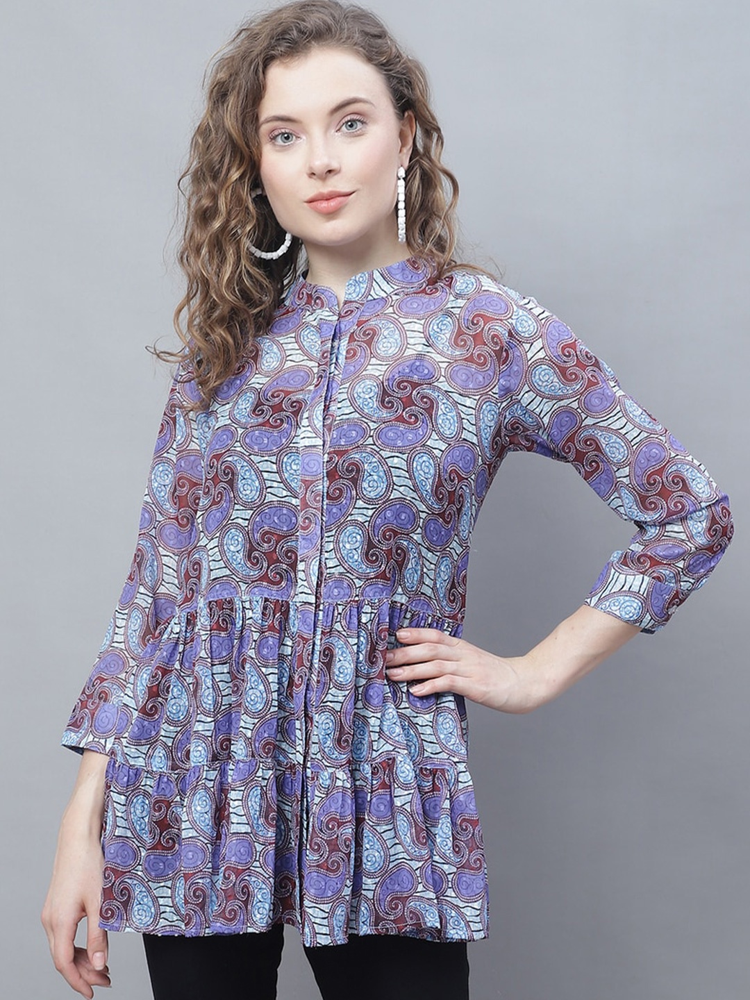 

Karmic Vision Ethnic Motifs Printed Mandarin Collar Top, Blue