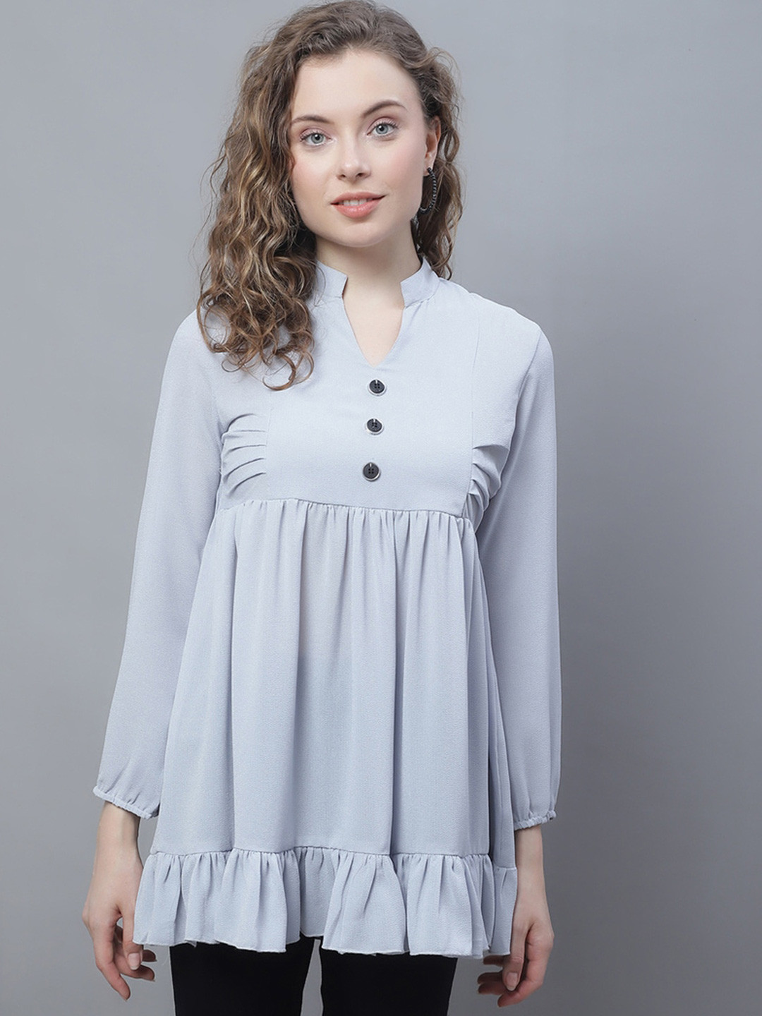 

Karmic Vision Mandarin Collar Crepe Empire Top, Grey