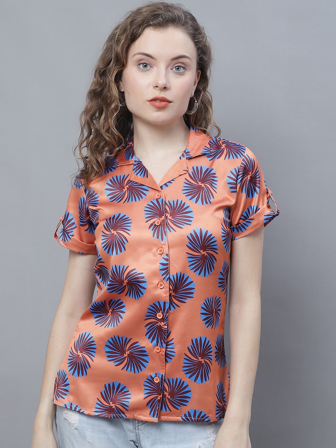 

Karmic Vision Floral Print Roll-Up Sleeves Crepe Shirt Style Top, Orange