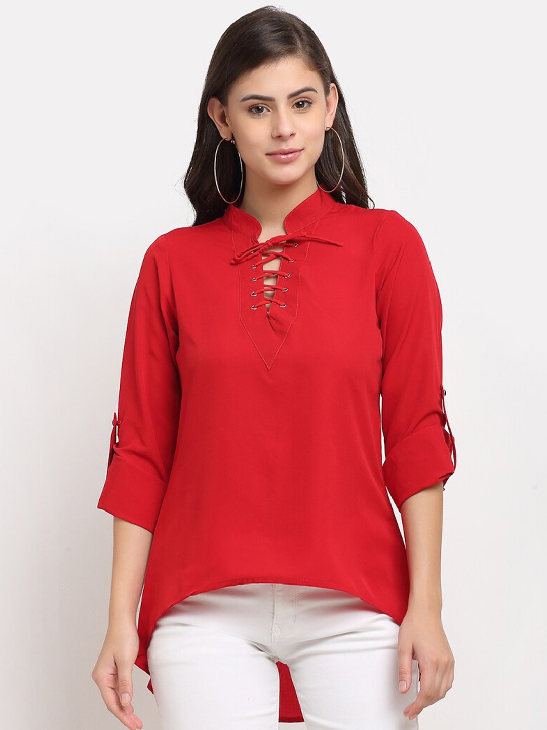 

Karmic Vision Tie-Up Neck Roll-Up Sleeves Top, Red