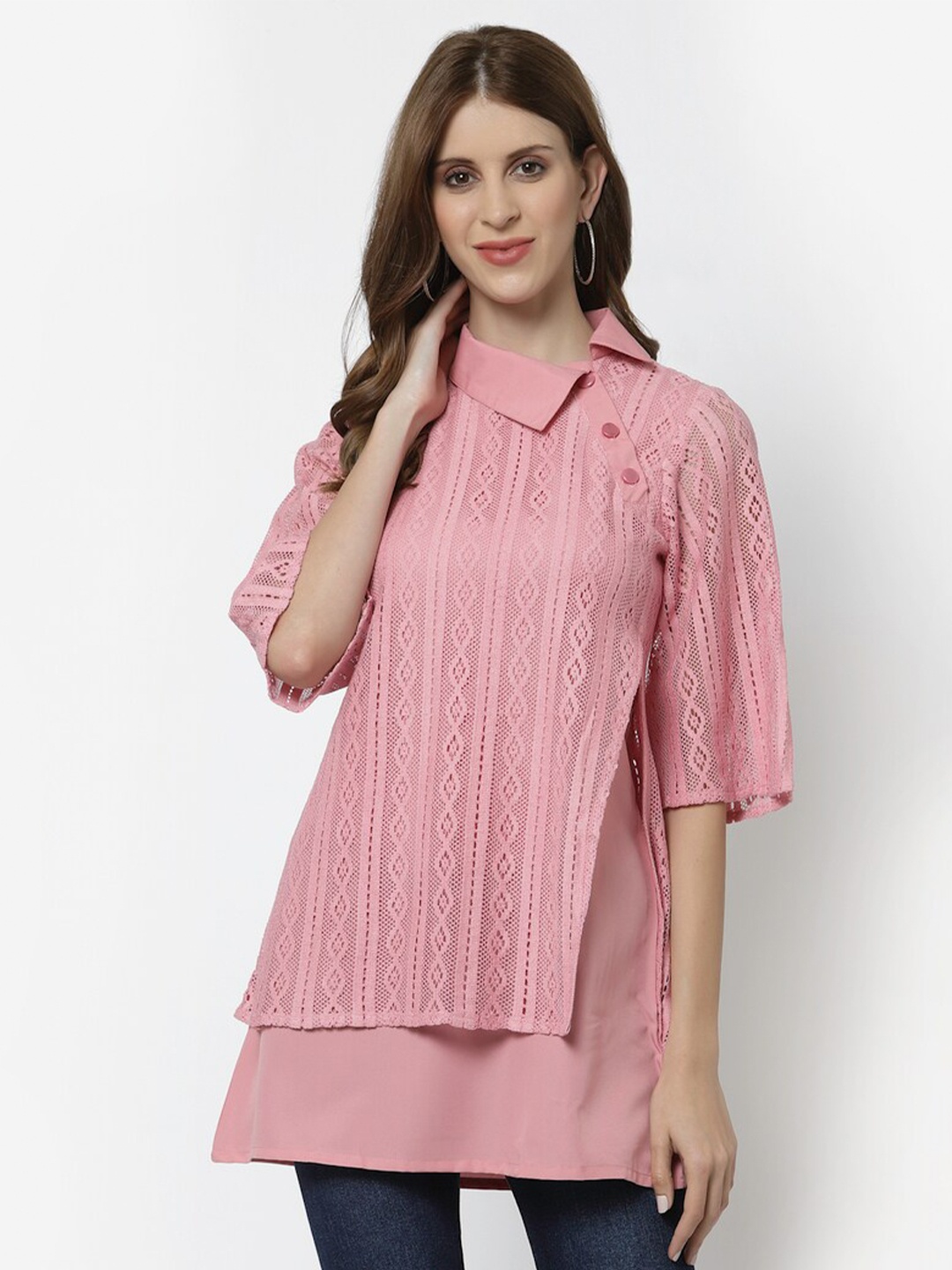 

Karmic Vision Self Design Net Shirt Style Longline Top, Pink