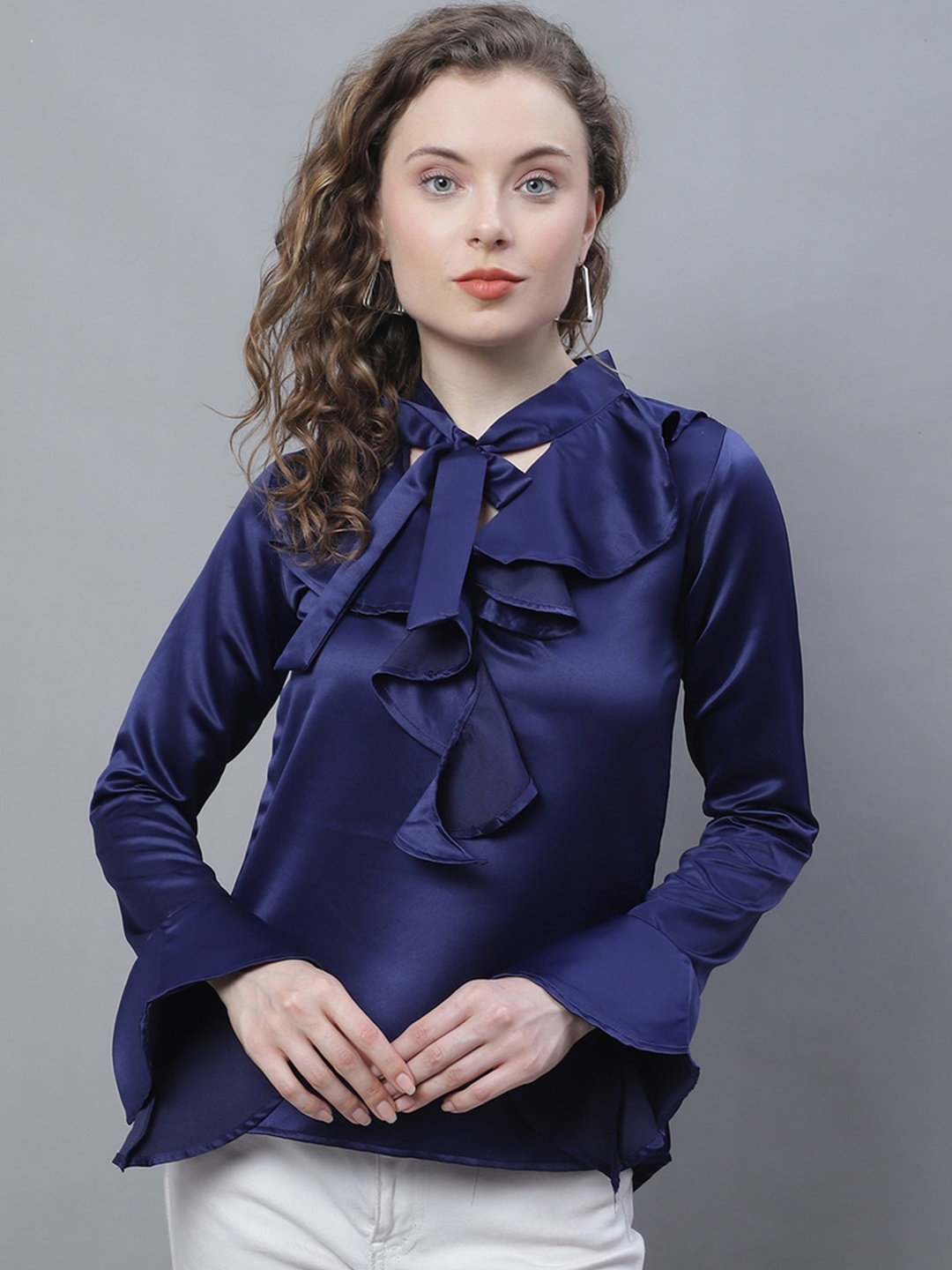 

Karmic Vision Tie Up Neck Ruffles Detail Top, Blue