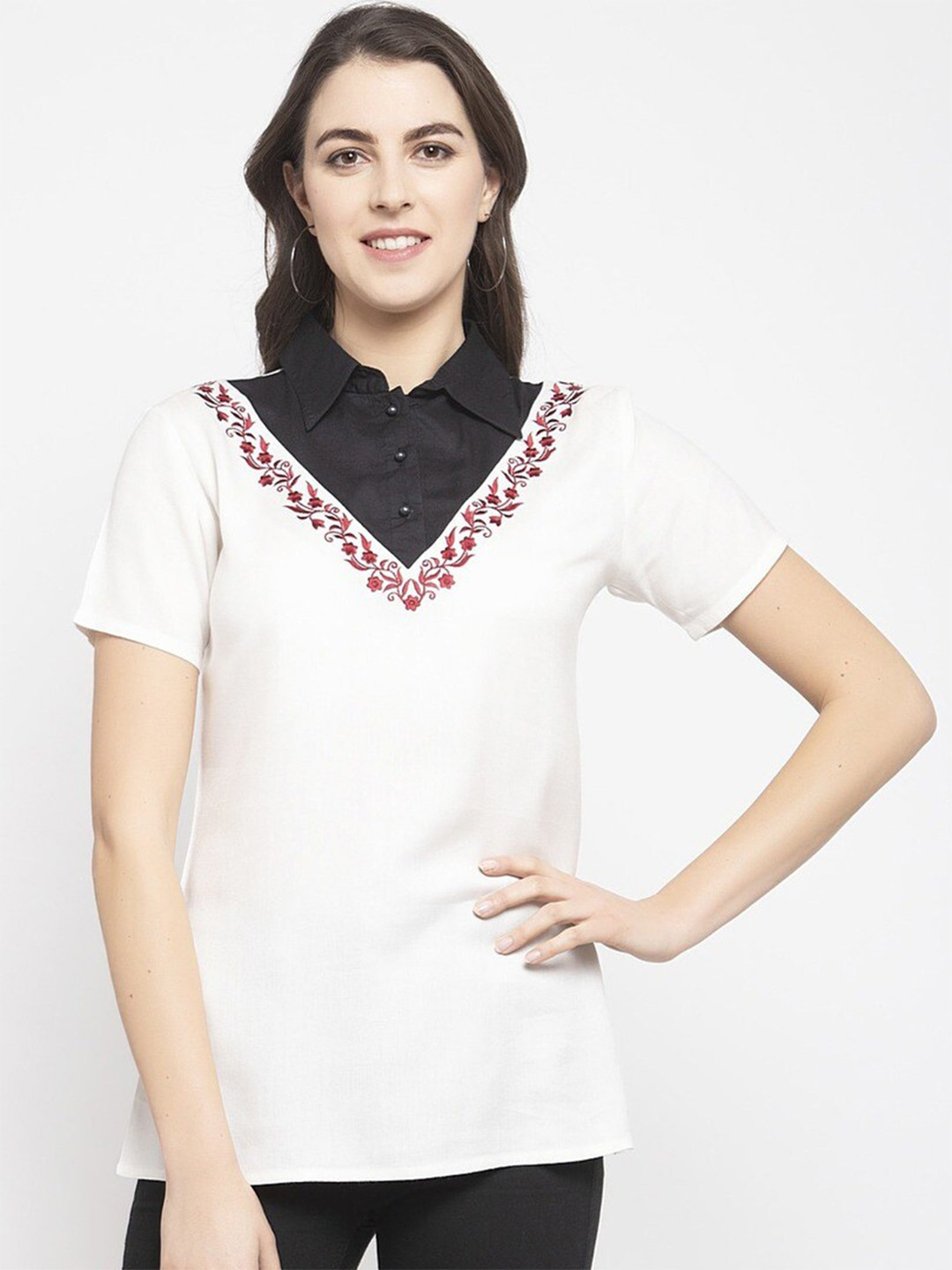 

Karmic Vision Shirt Collar Embroidered Top, White