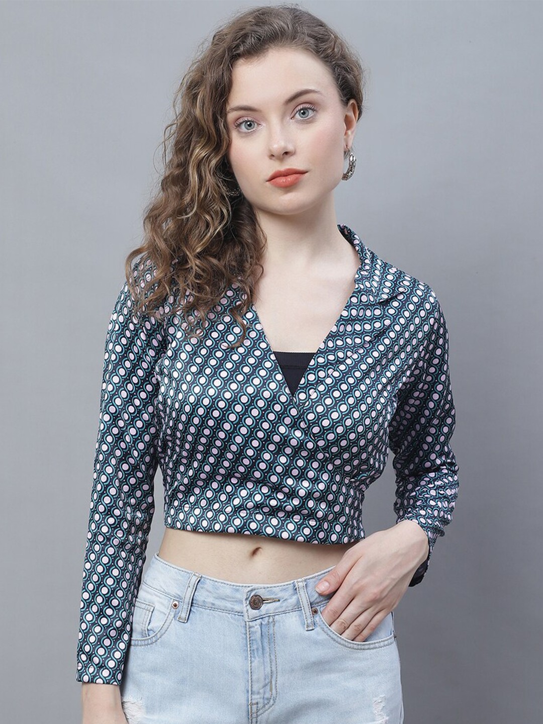 

Karmic Vision Geometric Print Crepe Wrap Crop Top, Blue