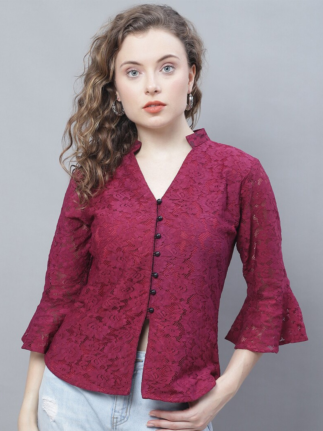 

Karmic Vision Self Design Bell Sleeve Crepe Shirt Style Top, Maroon