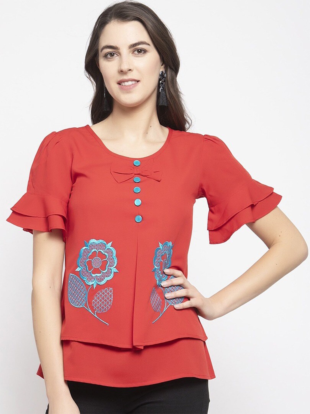 

Karmic Vision Floral Embroidered Flutter Sleeve Crepe Tiered Top, Red