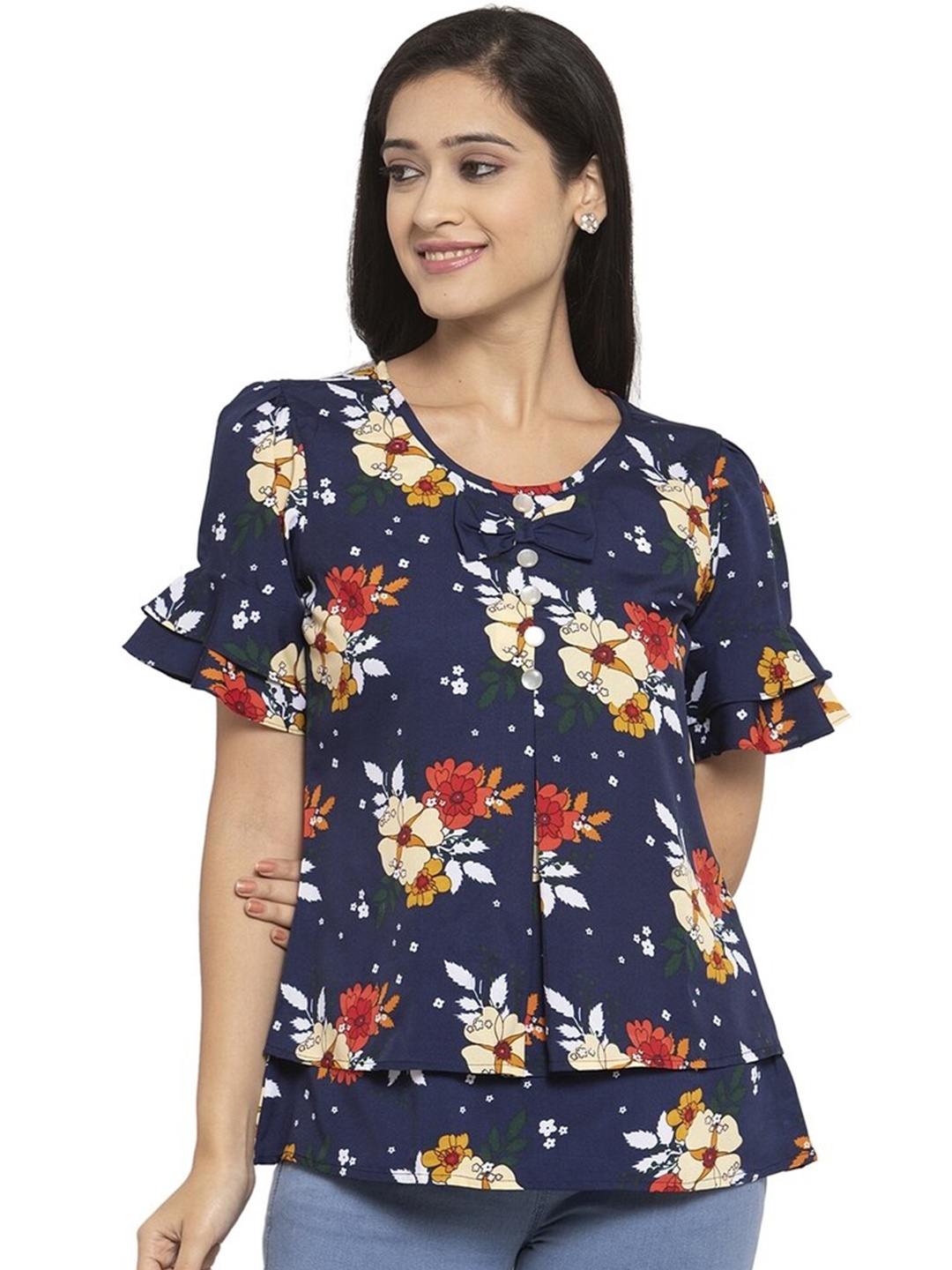 

Karmic Vision Floral Printed Round Neck Bell Sleeve Casual Top, Blue