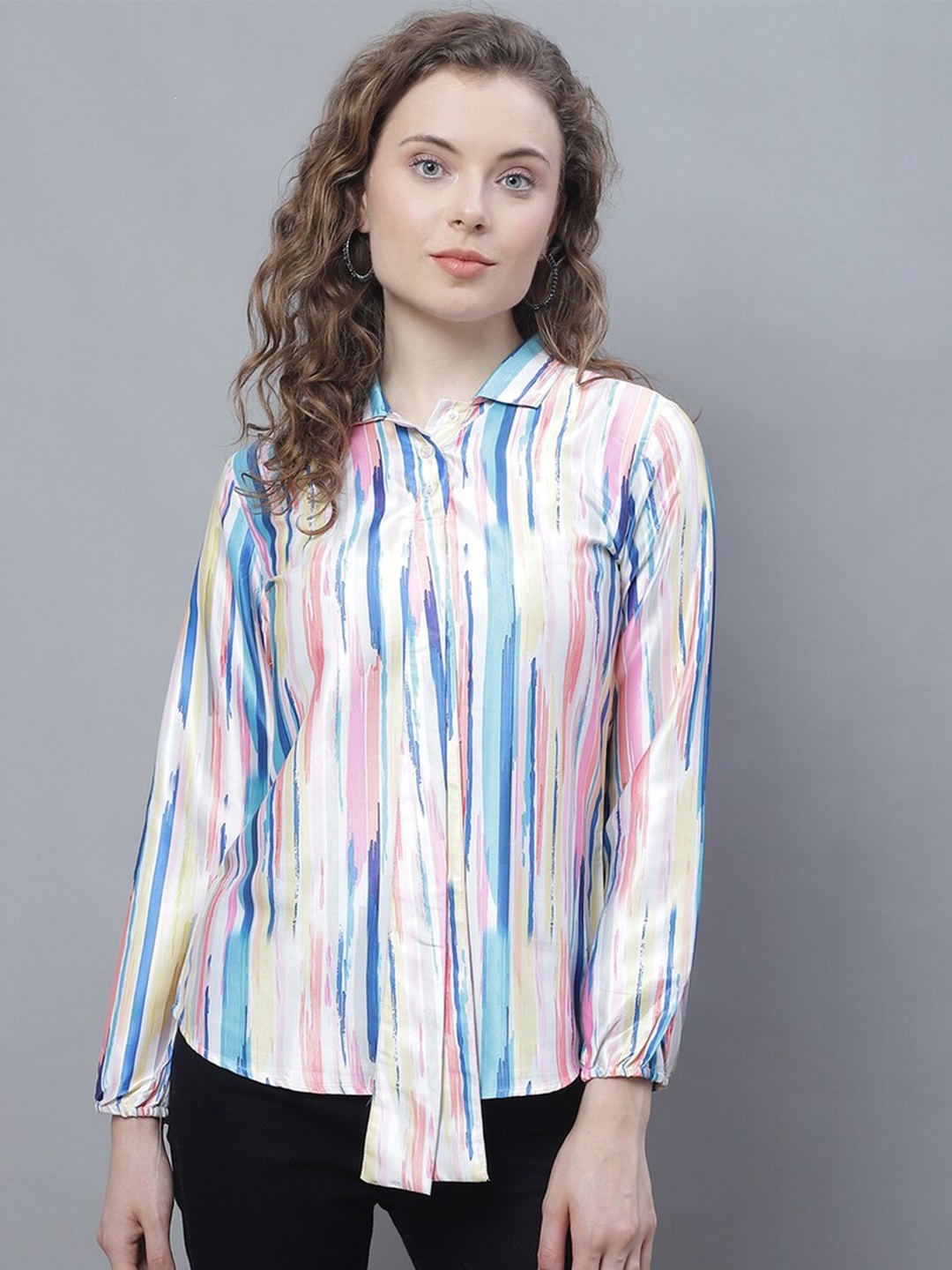 

Karmic Vision Vertical Striped Printed Shirt Style Casual Top, White