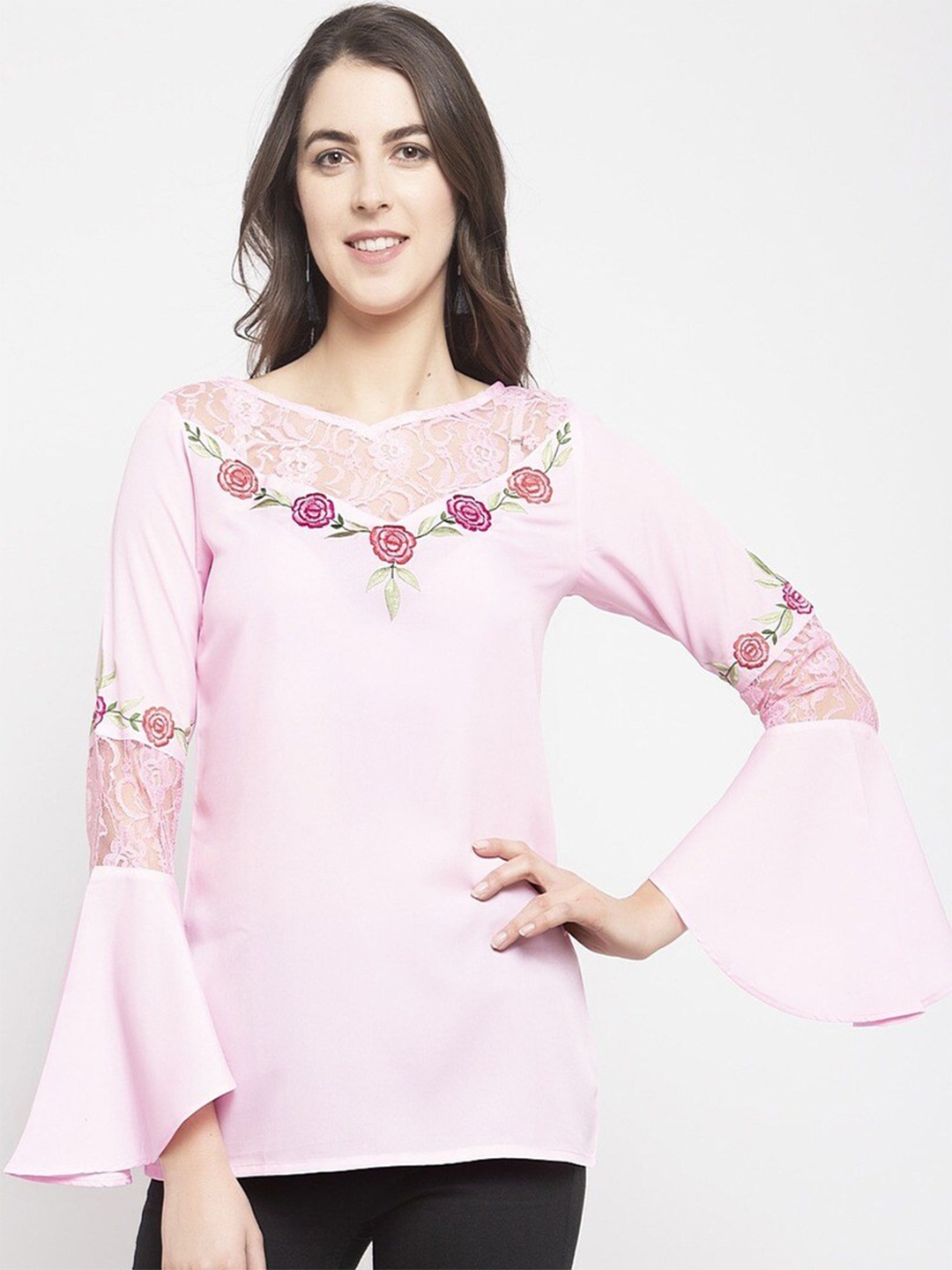 

Karmic Vision Floral Embroidered Bell Sleeve Crepe Top, Pink