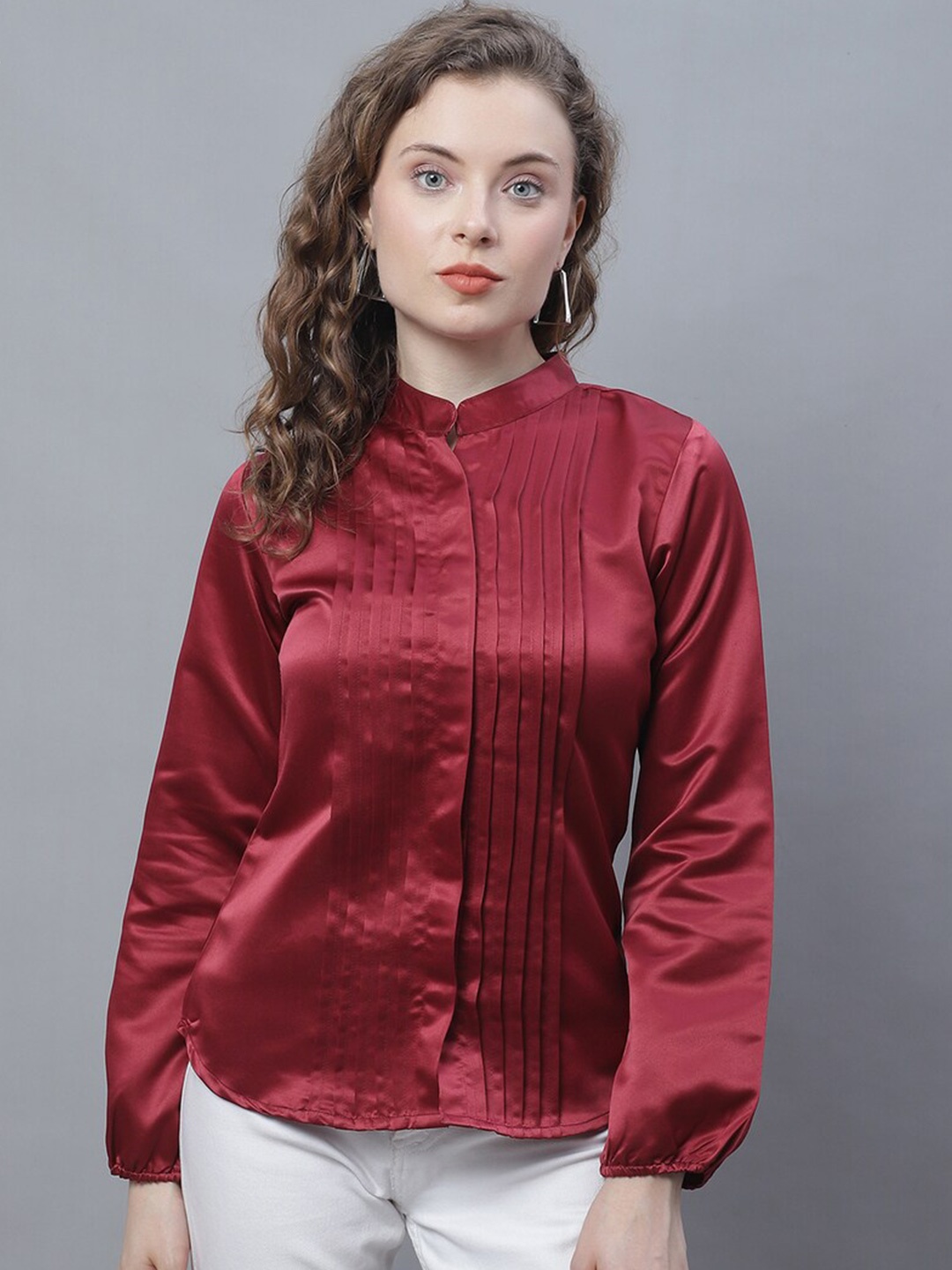 

Karmic Vision Mandarin Collar Pleated Top, Maroon