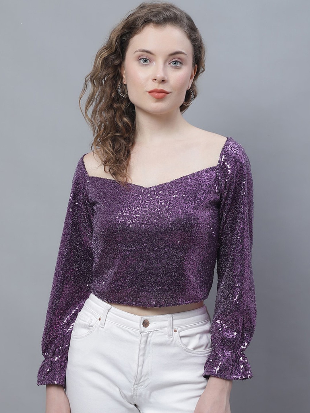 

Karmic Vision Self Design Sweetheart Neck Puff Sleeve Crepe Crop Top, Purple