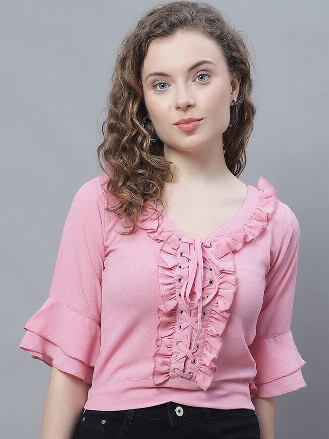 

Karmic Vision Ruffles V Neck Bell Sleeve Casual Top, Pink
