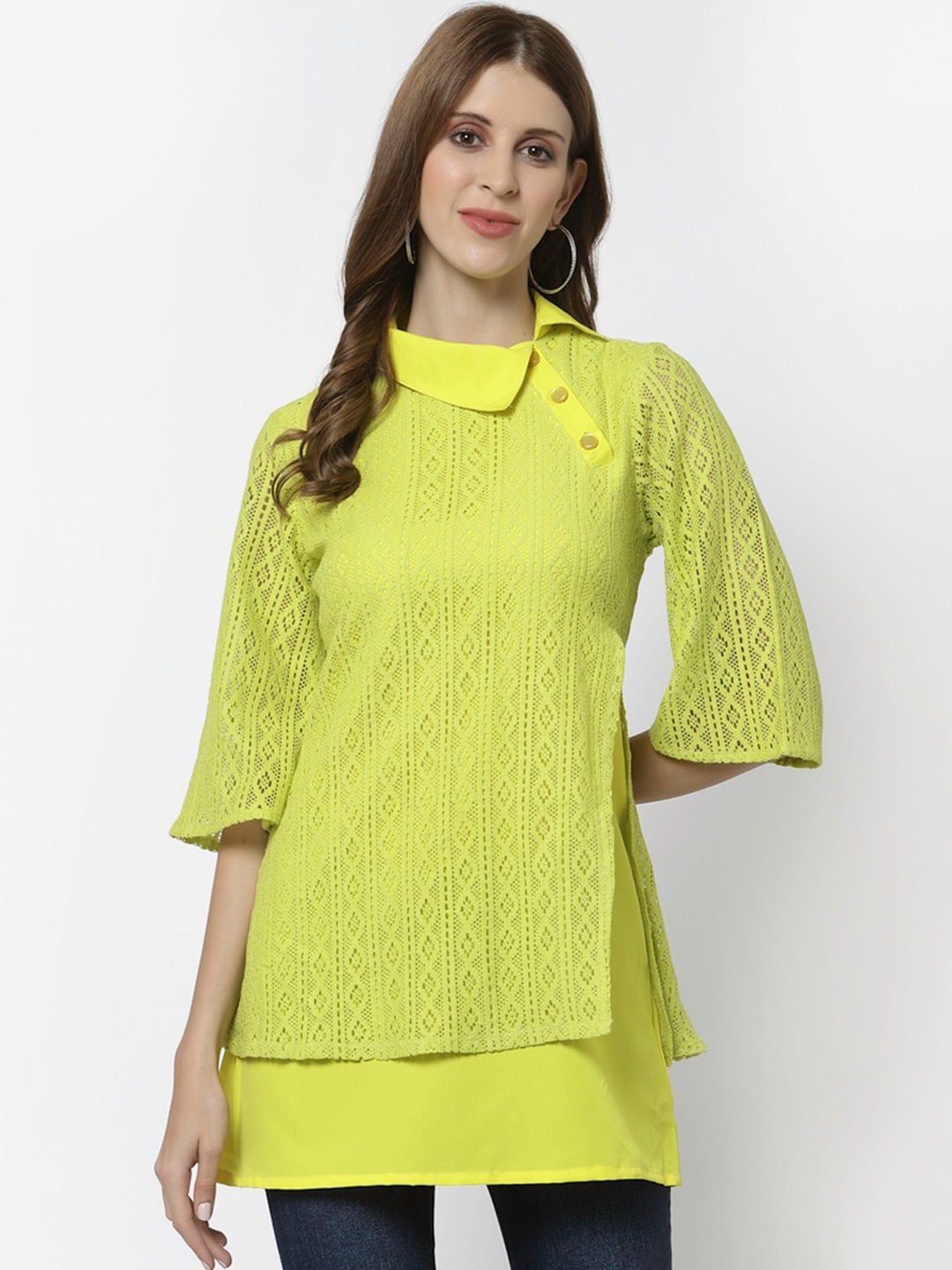 

Karmic Vision Self Design Flared Sleeve Net Top, Yellow