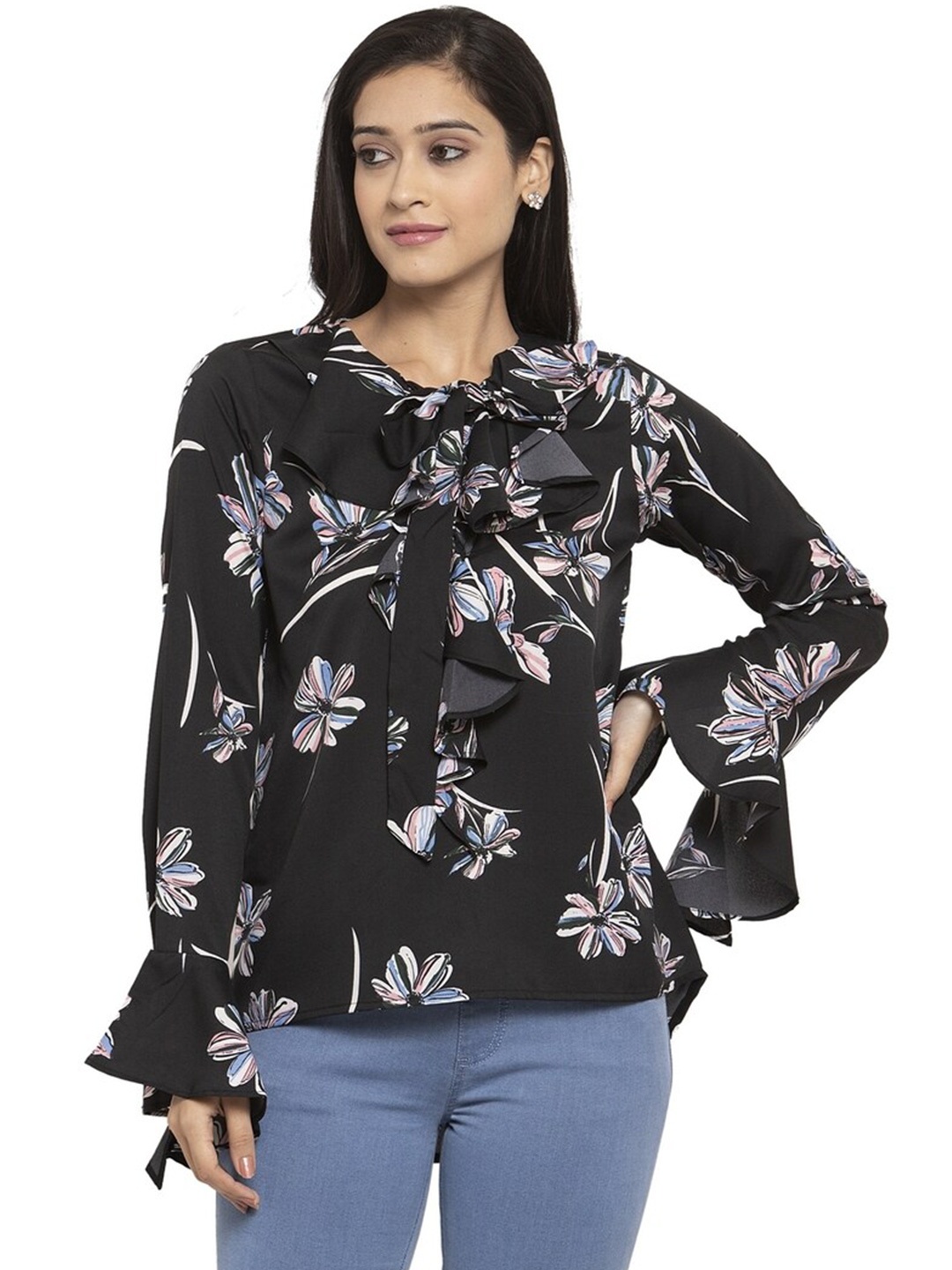 

Karmic Vision Floral Print Tie-Up Neck Bell Sleeve Crepe Top, Black