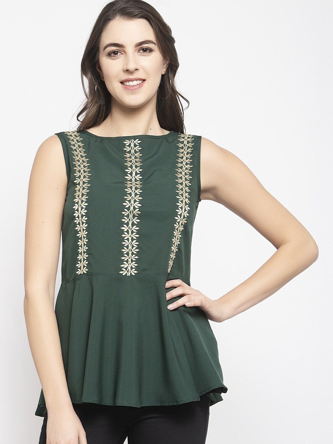 

Karmic Vision Sleeveless Floral Embroidered Crepe Peplum Top, Green