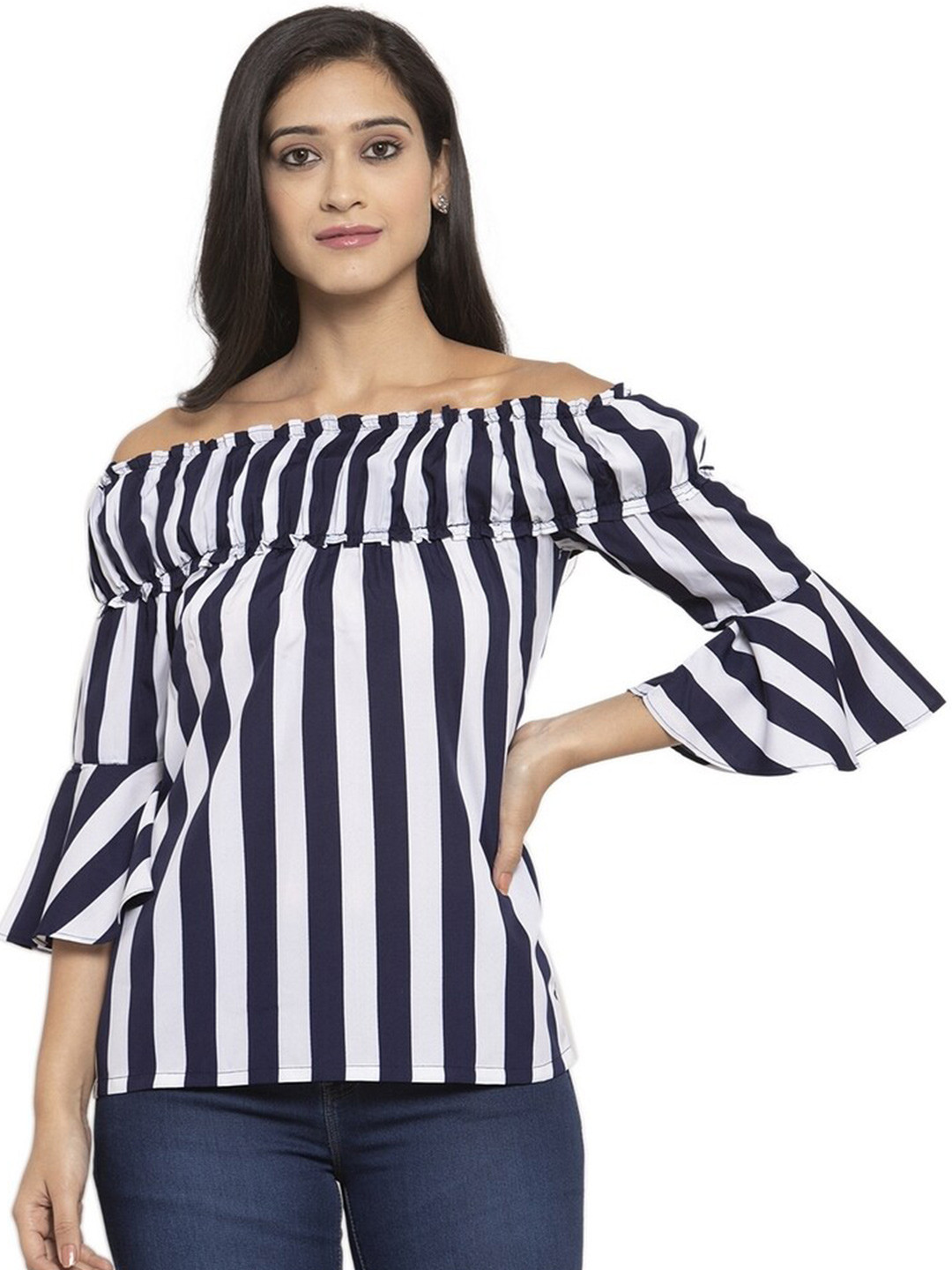 

Karmic Vision Striped Off-Shoulder Bell Sleeve Crepe Bardot Top, Black