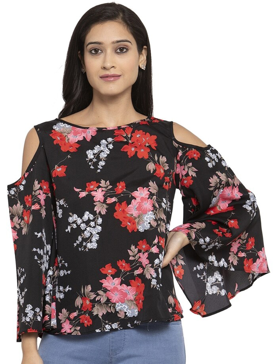 

Karmic Vision Floral Print Cold-Shoulder Sleeves Top, Black