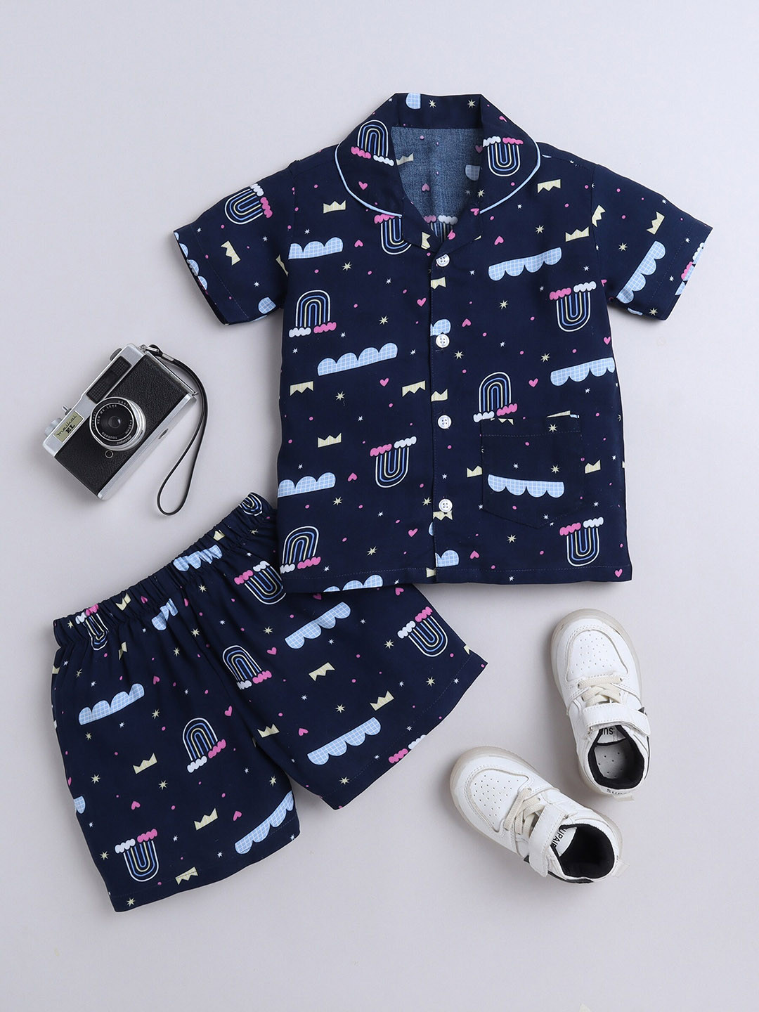 

The Magic Wand Kids Conversational Printed Shirt With Shorts, Navy blue