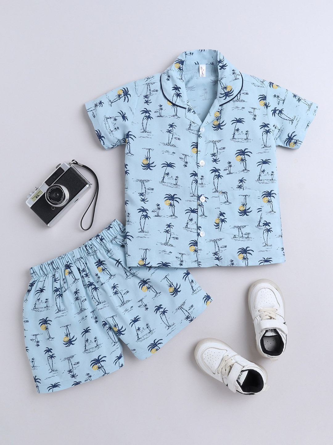

The Magic Wand Kids Tropical Printed Lapel Collar Shorts & Shirt, Blue