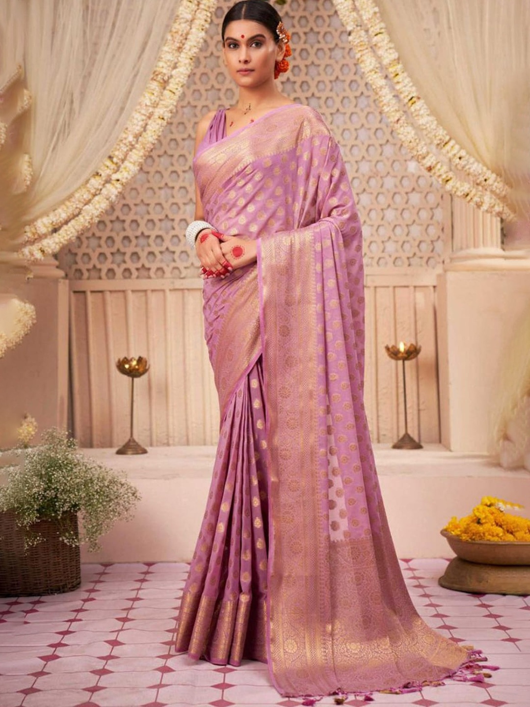 

Jinal & Jinal Woven Design Zari Art Silk Banarasi Saree, Pink