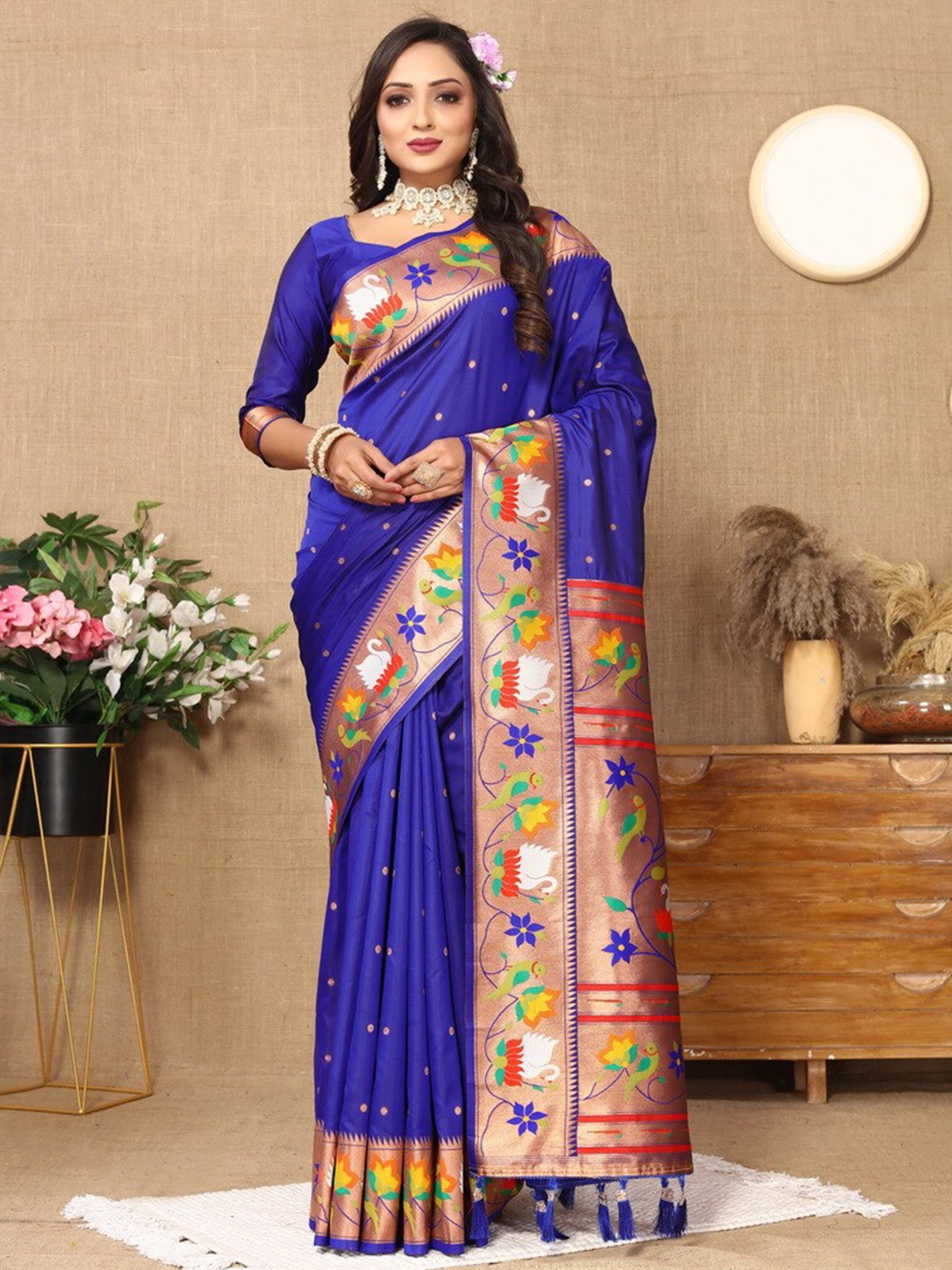 

Divyadham Textiles Ethnic Motifs Woven Design Zari Pure Silk Paithani Banarasi Saree, Blue