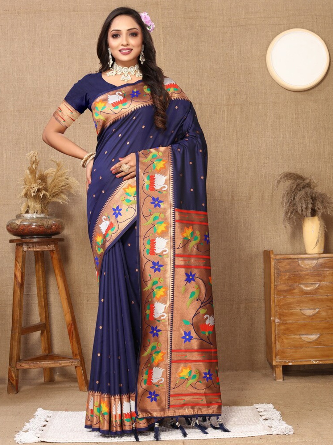 

Divyadham Textiles Ethnic Motifs Woven Design Zari Pure Silk Paithani Banarasi Saree, Navy blue