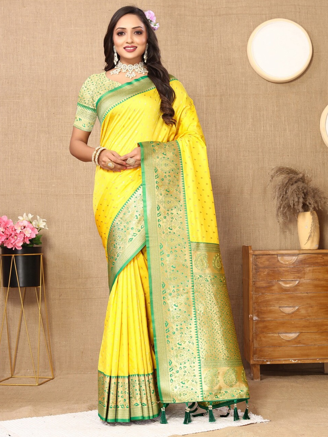 

Divyadham Textiles Ethnic Motifs Woven Design Zari Pure Silk Banarasi Saree, Yellow