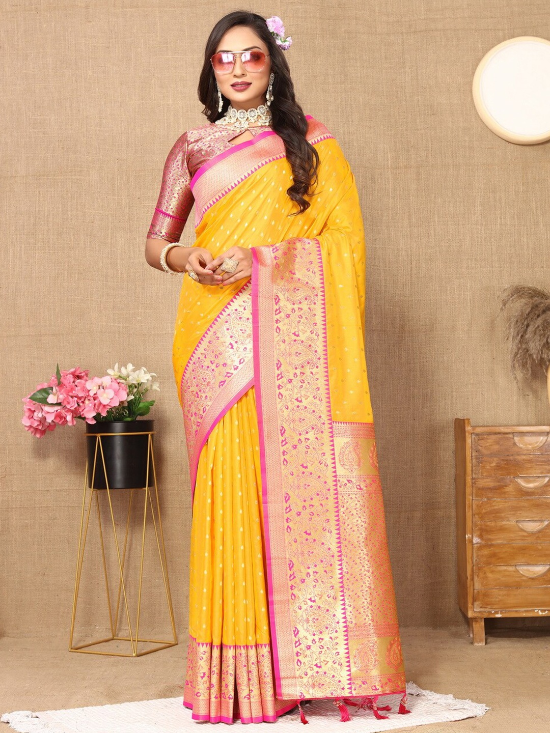 

Divyadham Textiles Ethnic Motifs Woven Design Zari Pure Silk Banarasi Saree, Yellow