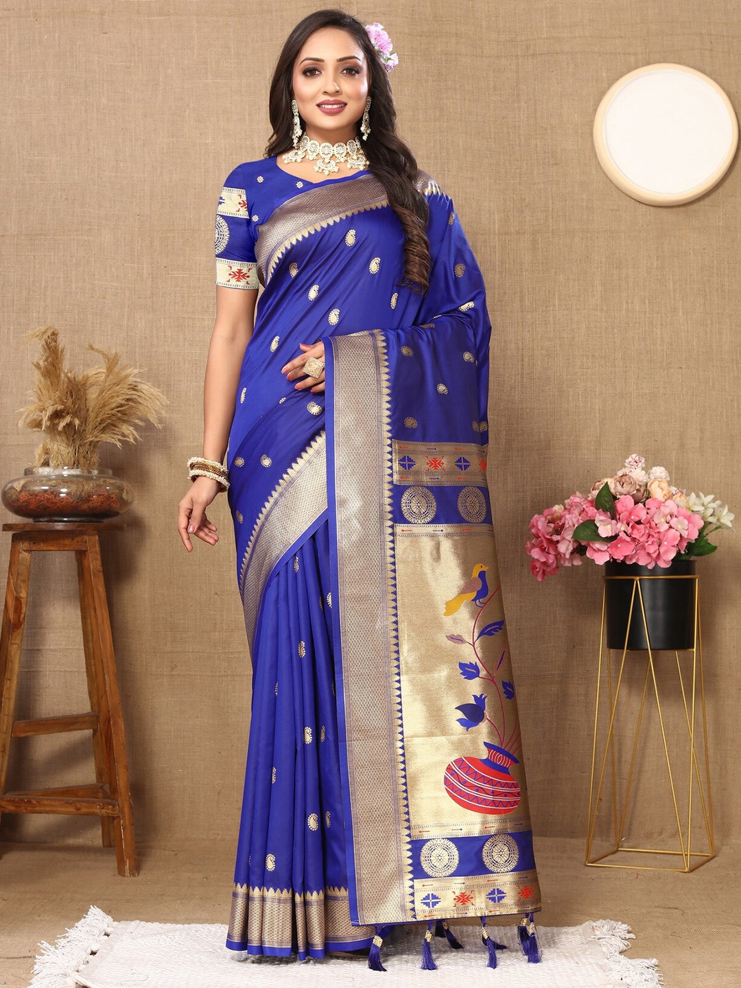 

Divyadham Textiles Ethnic Motifs Woven Design Zari Pure Silk Paithani Banarasi Saree, Blue