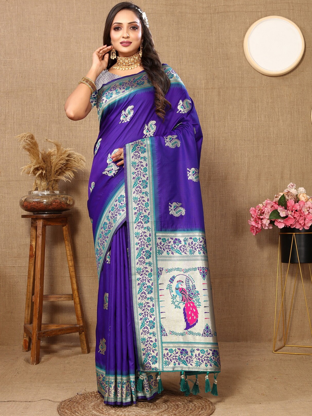 

Divyadham Textiles Ethnic Motifs Woven Design Zari Pure Silk Paithani Banarasi Saree, Blue