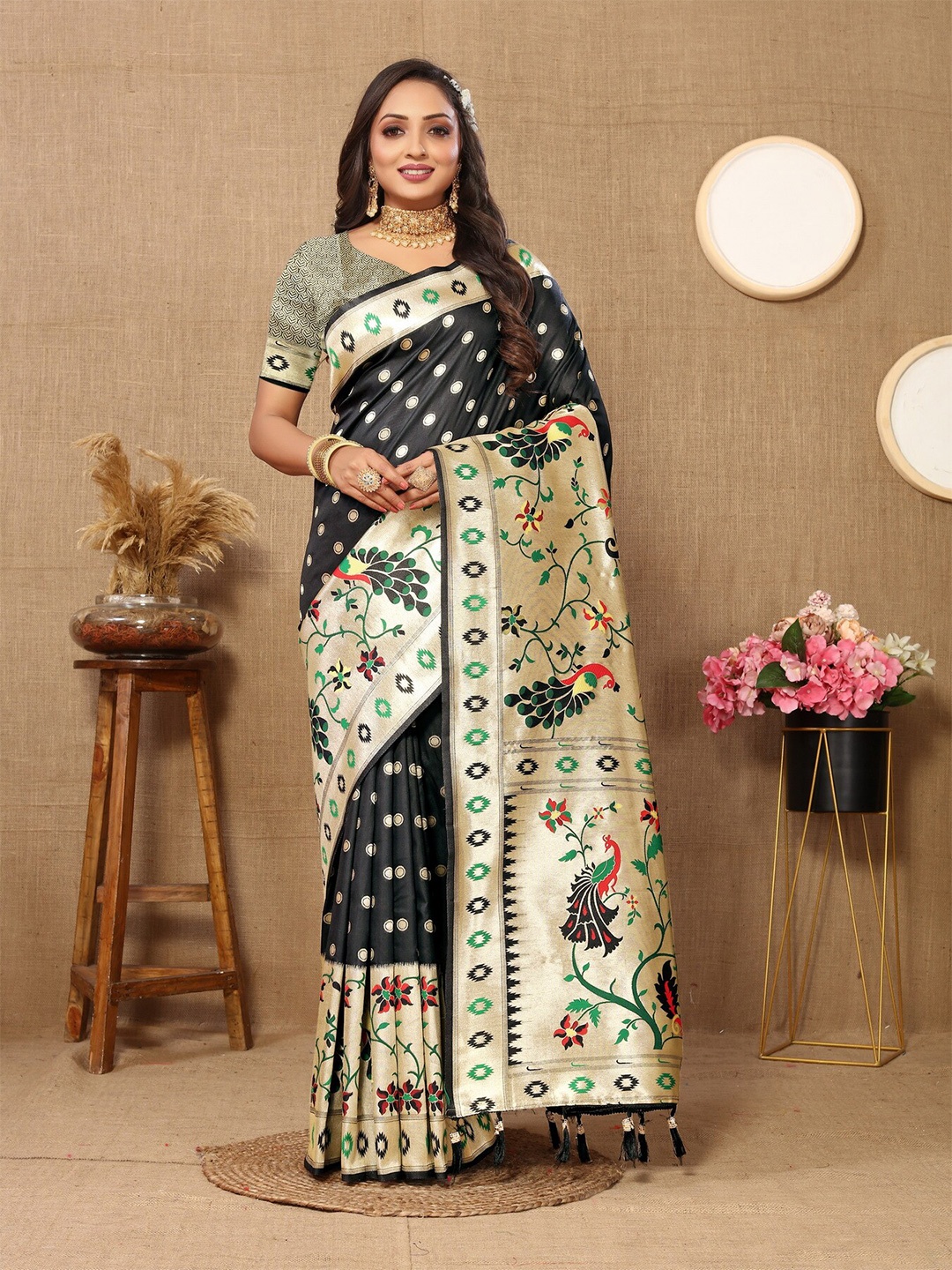 

Divyadham Textiles Ethnic Motifs Woven Design Zari Pure Silk Paithani Banarasi Saree, Black