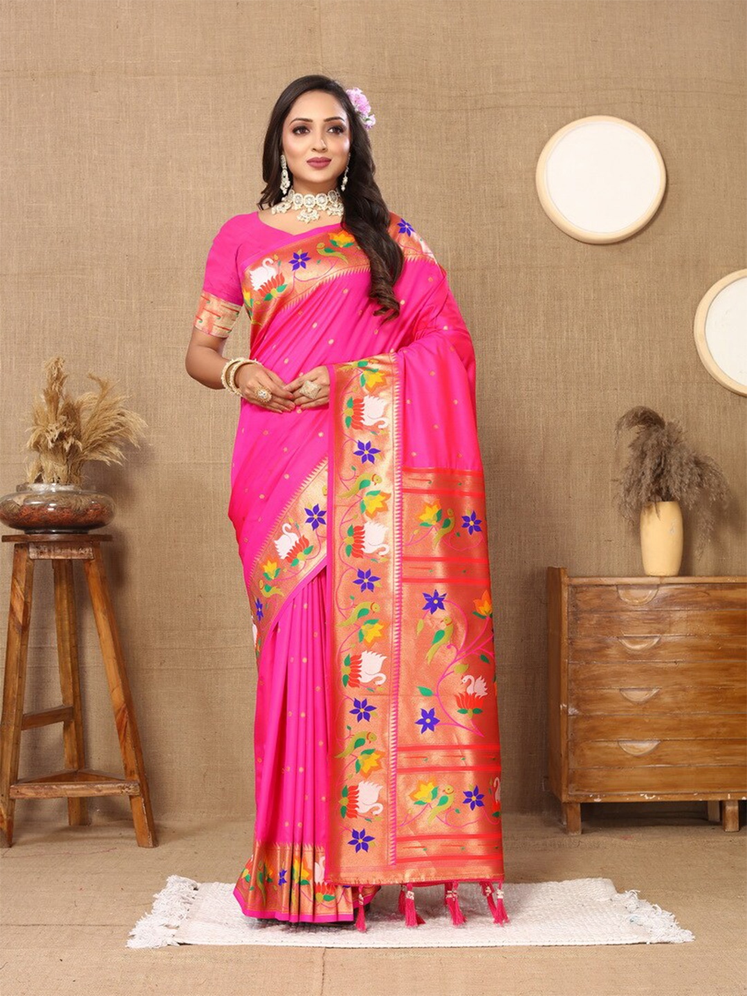 

Divyadham Textiles Ethnic Motifs Woven Design Zari Pure Silk Paithani Banarasi Saree, Pink