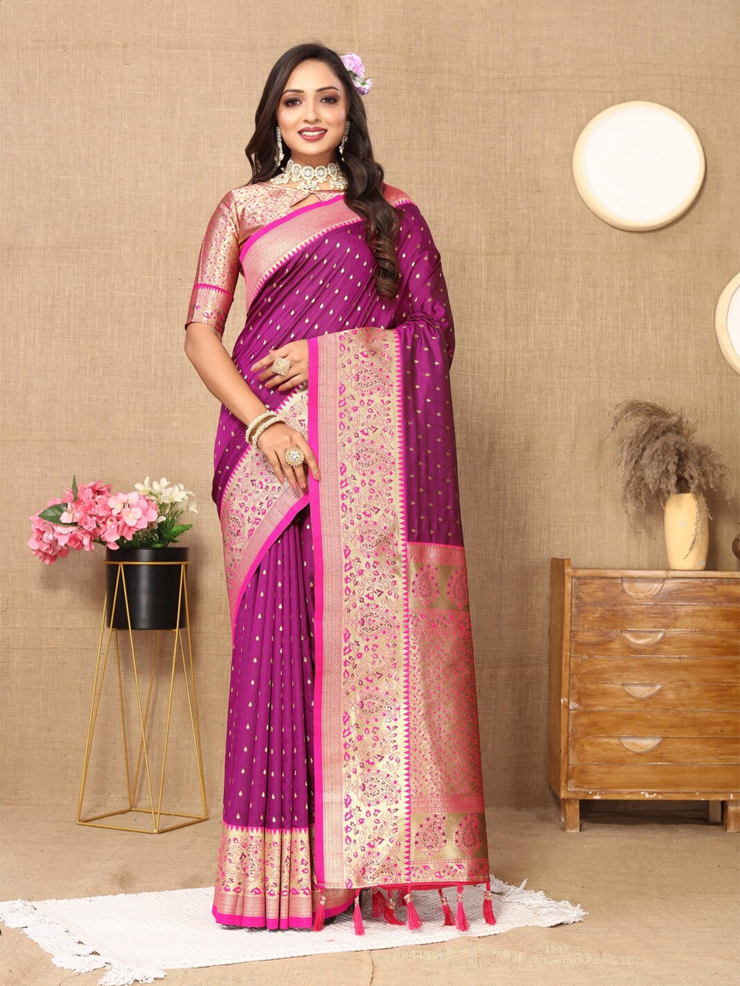 

Divyadham Textiles Ethnic Motifs Woven Design Zari Pure Silk Banarasi Saree, Purple