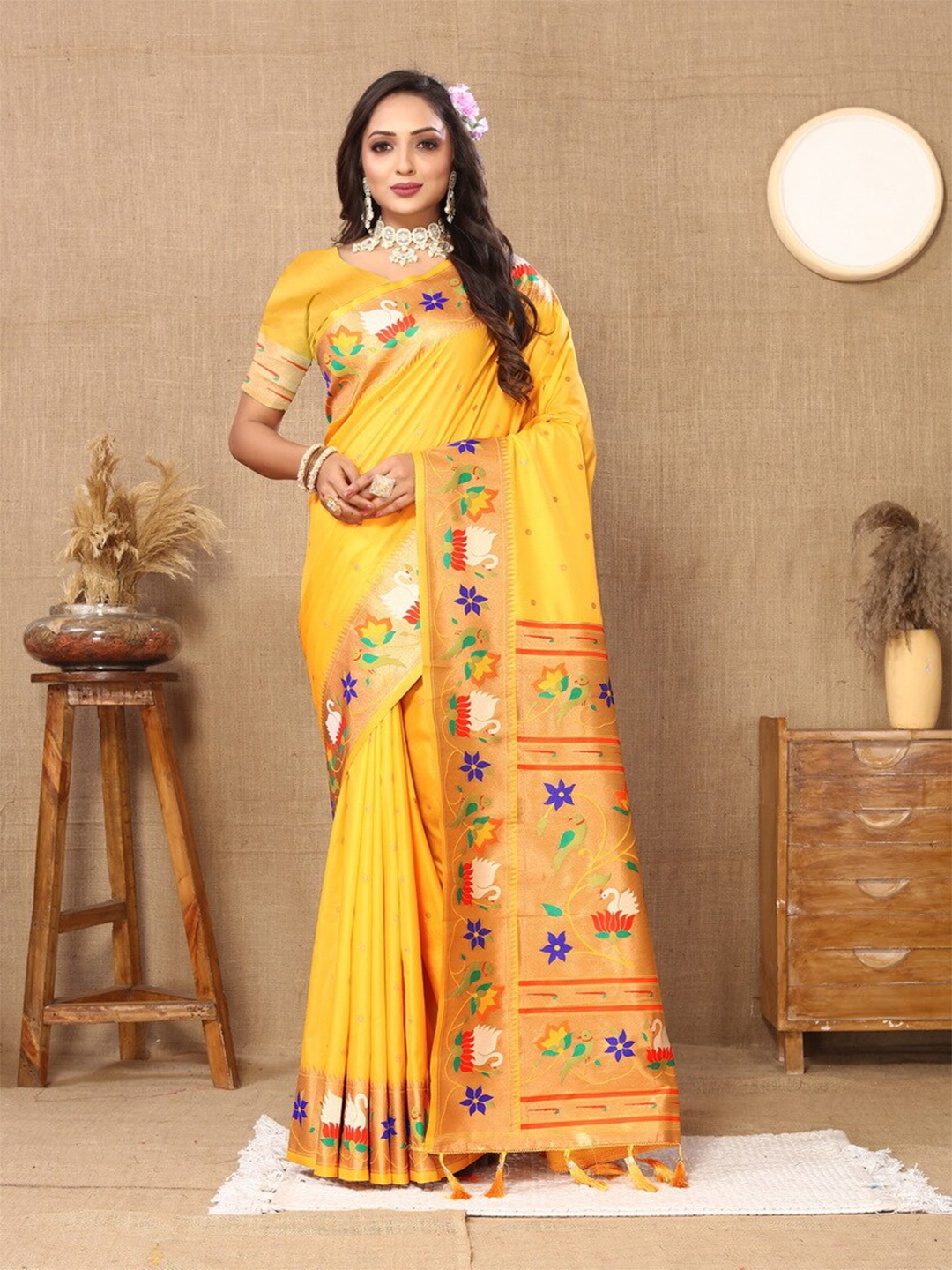 

Divyadham Textiles Ethnic Motifs Woven Design Zari Pure Silk Paithani Banarasi Saree, Yellow