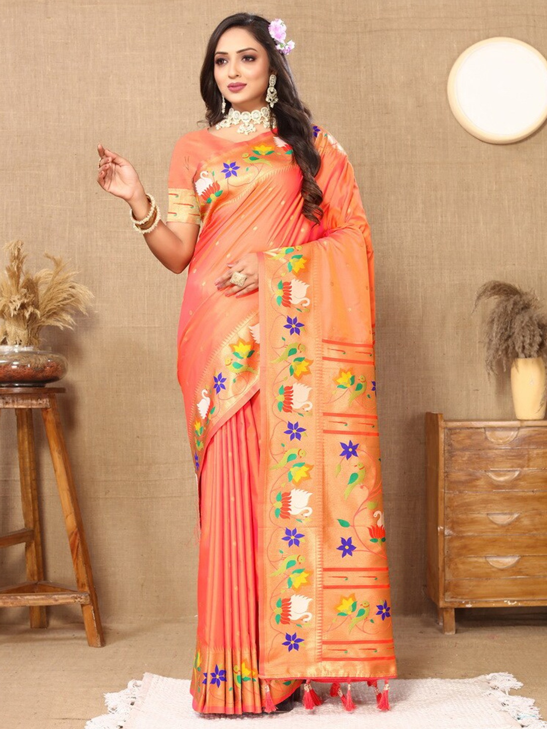 

Divyadham Textiles Ethnic Motifs Woven Design Zari Pure Silk Paithani Banarasi Saree, Peach