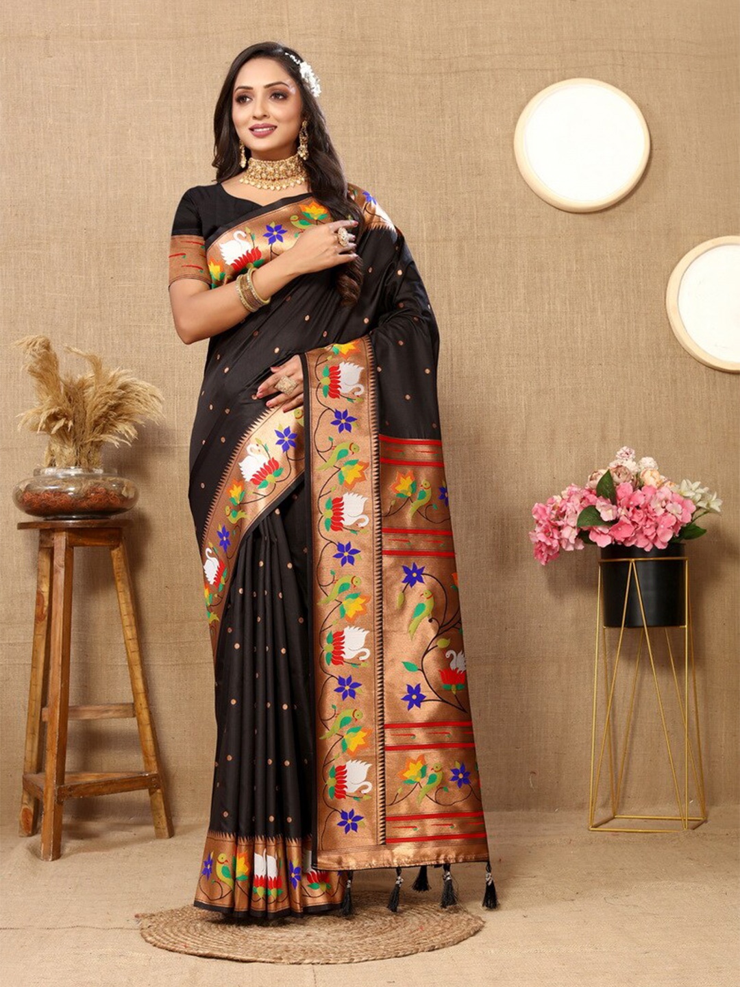 

Divyadham Textiles Ethnic Motifs Woven Design Zari Pure Silk Paithani Banarasi Saree, Black