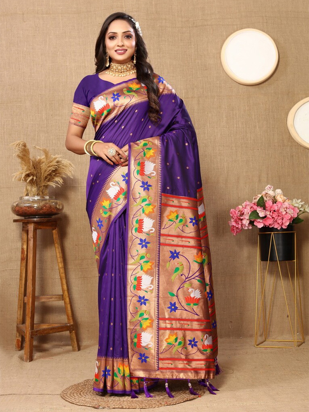 

Divyadham Textiles Ethnic Motifs Woven Design Zari Pure Silk Paithani Banarasi Saree, Navy blue