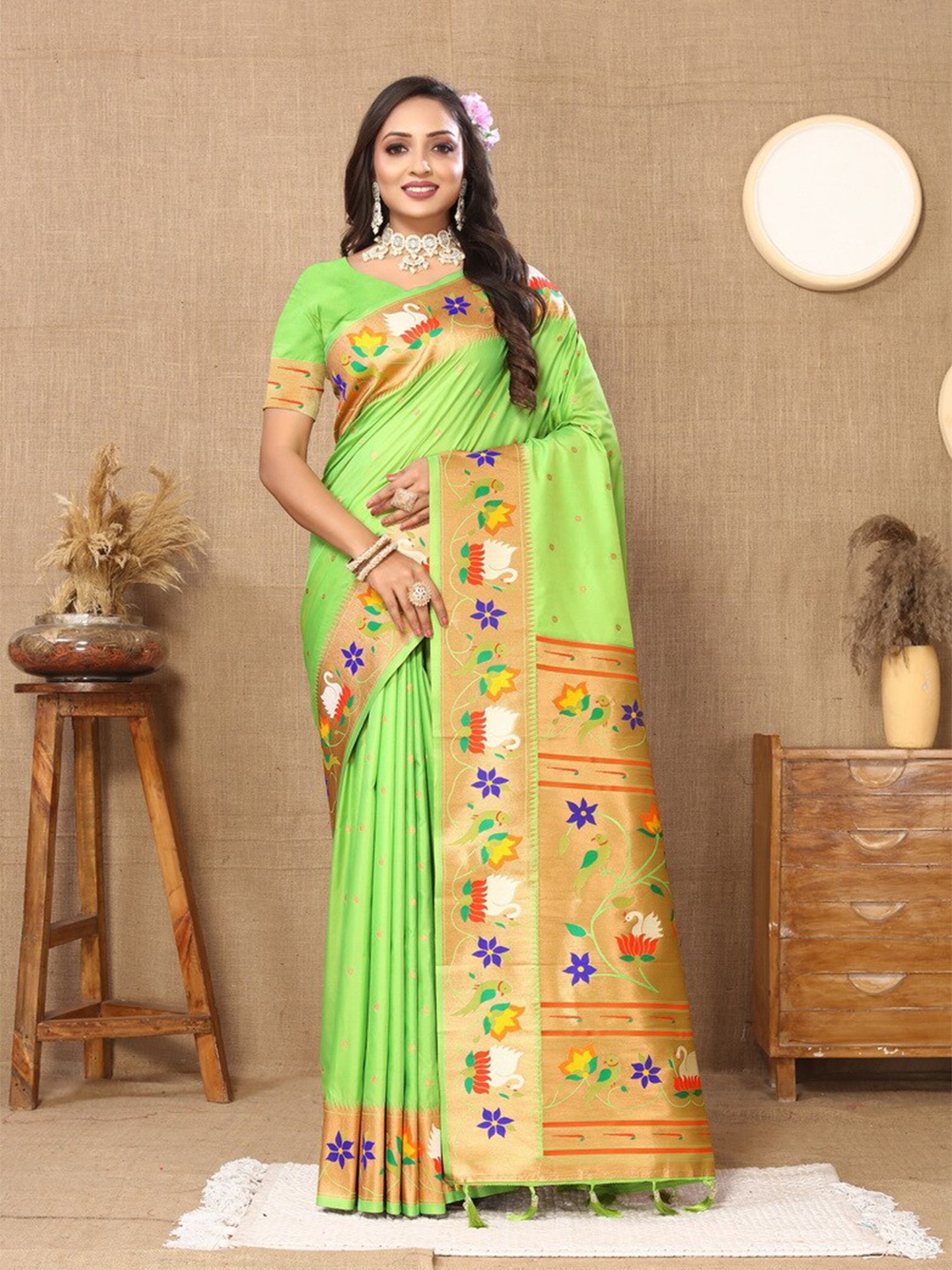 

Divyadham Textiles Ethnic Motifs Woven Design Zari Pure Silk Paithani Banarasi Saree, Green