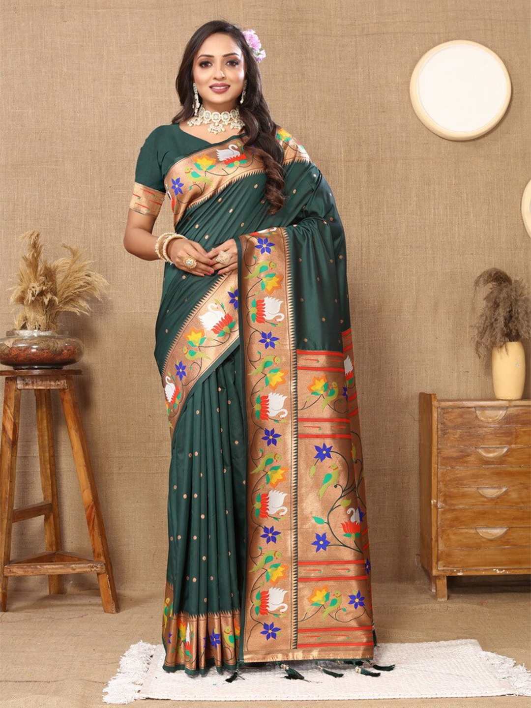 

Divyadham Textiles Ethnic Motifs Woven Design Zari Pure Silk Paithani Banarasi Saree, Green