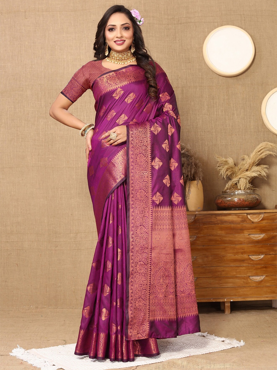 

Divyadham Textiles Ethnic Motifs Woven Design Zari Pure Silk Banarasi Saree, Purple