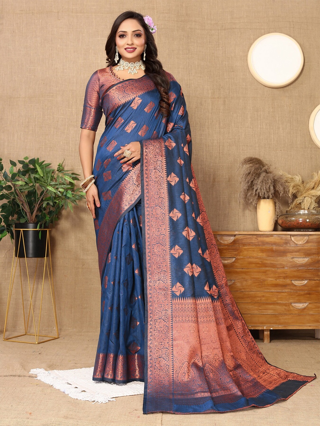

Divyadham Textiles Ethnic Motifs Woven Design Zari Pure Silk Banarasi Saree, Blue