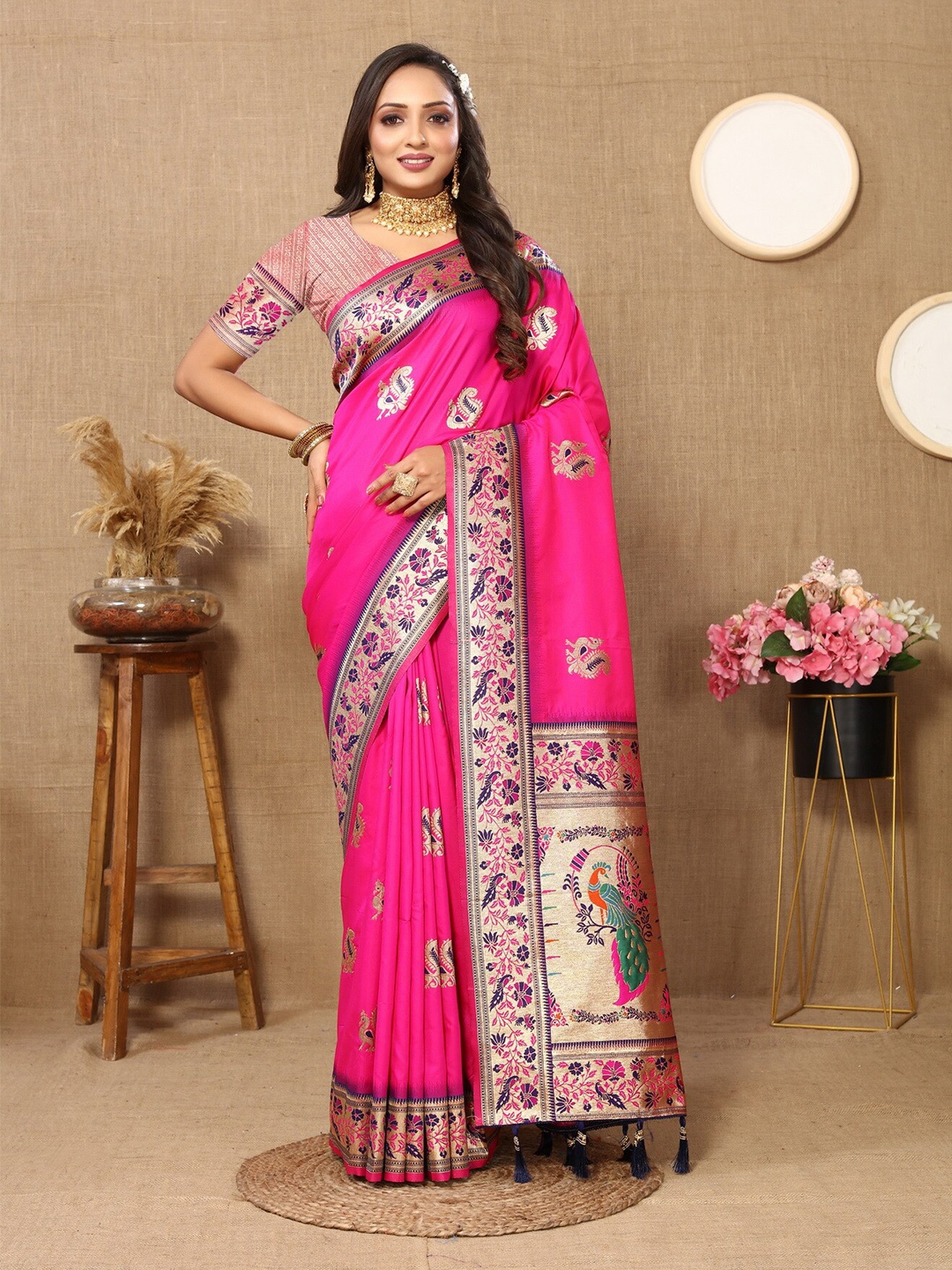 

Divyadham Textiles Ethnic Motifs Woven Design Zari Pure Silk Paithani Saree, Pink