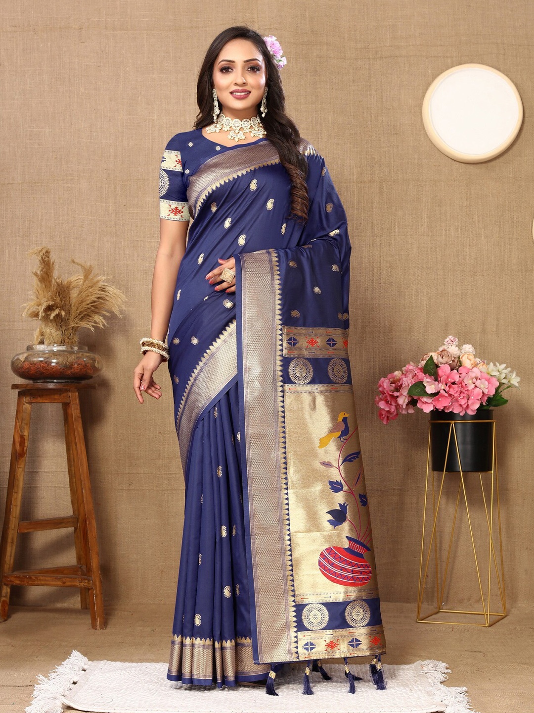 

Divyadham Textiles Paisley Woven Design Zari Pure Silk Paithani Saree, Navy blue