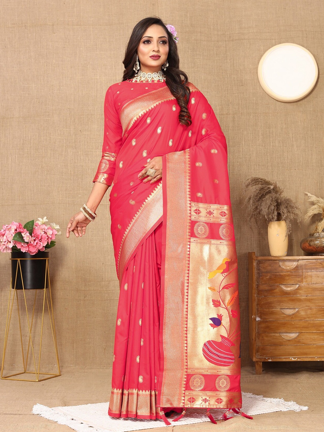 

Divyadham Textiles Woven Design Zari Pure Silk Paithani Saree, Coral