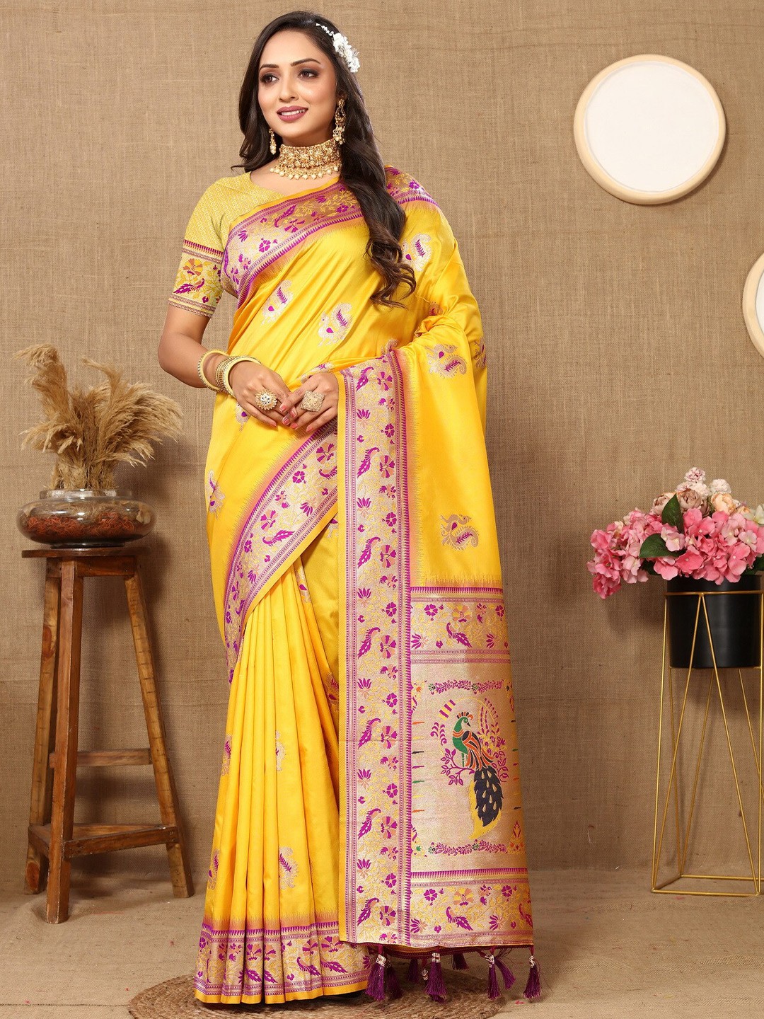 

Divyadham Textiles Woven Design Zari Pure Silk Paithani Saree, Yellow