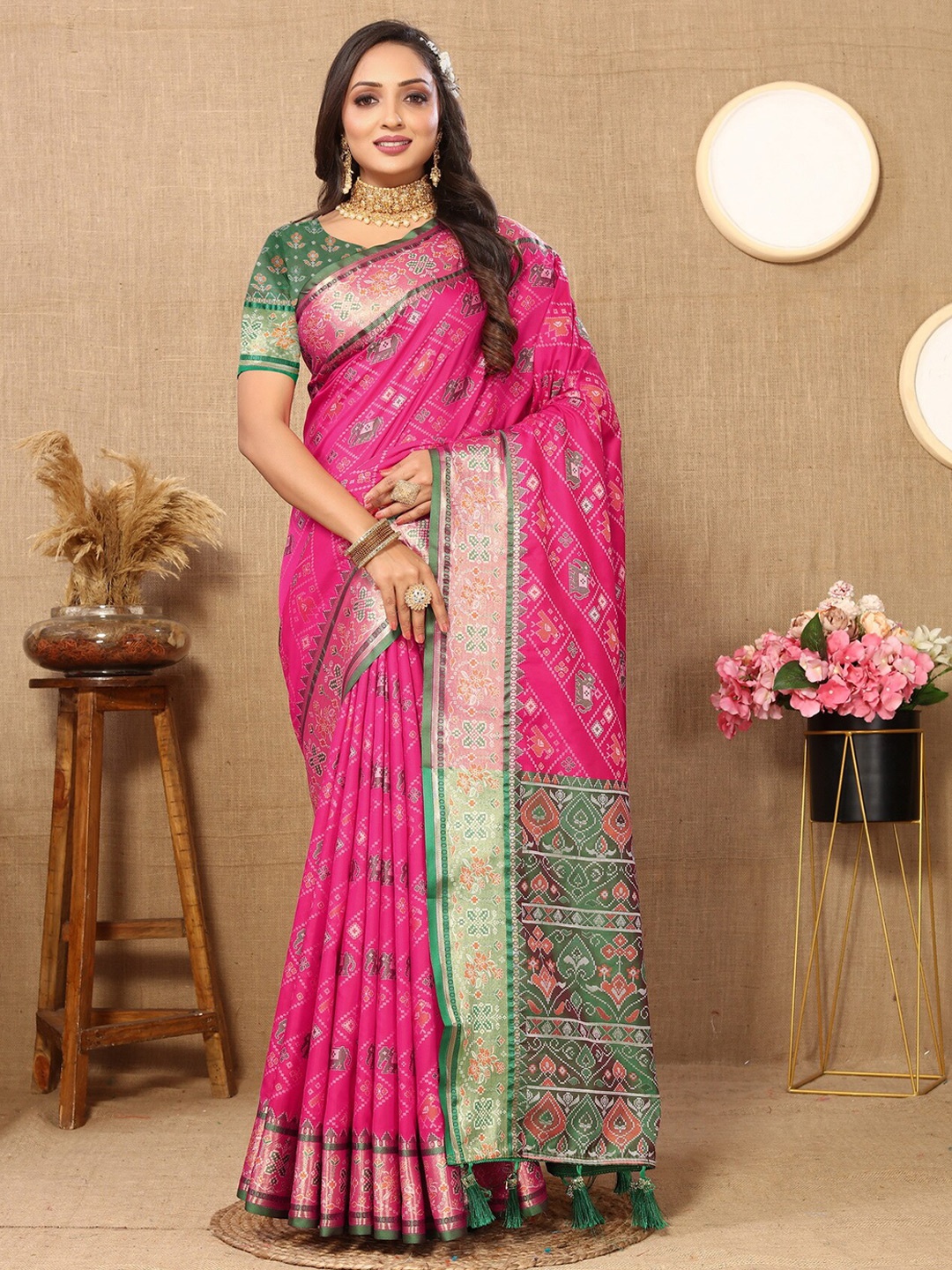 

Divyadham Textiles Woven Design Zari Pure Silk Patola Saree, Pink