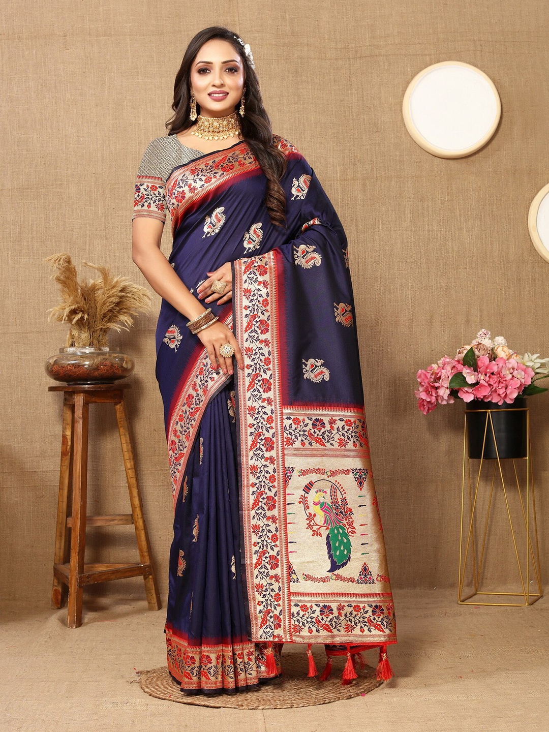 

Divyadham Textiles Woven Design Zari Pure Silk Ready to Wear Paithani Saree, Navy blue
